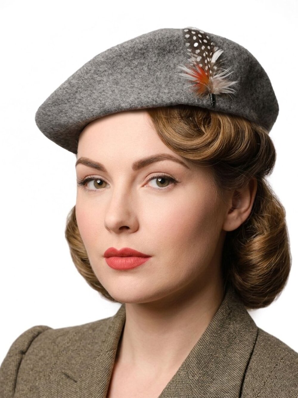 Vintage Kangol Made in England Grey Wool Beret Hat Feather Detail Retro